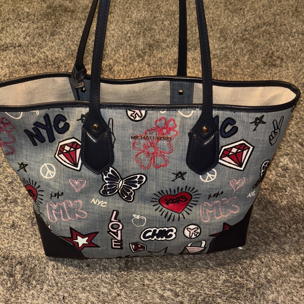 Michael Kors Denim Tote with Colorful Patches - Picture 2 of 6